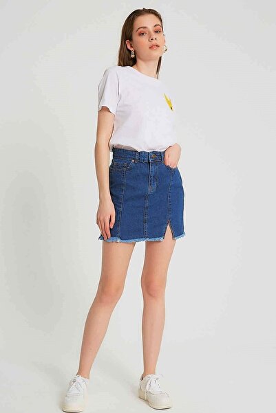 fehika Жіноча темно-синя джинсова міні-спідниця з розрізом, бахромою та кишенями