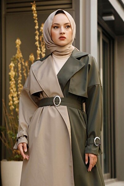 Moda Pery Kadın Modest Su Geçirmez Çift Renkli Tesettür Basic Mevsimlik Trençkot 10016 Krem Haki