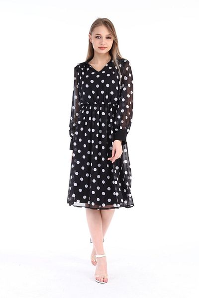DISENTIS MODEST Rochie cu manșetă cu guler de cămașă cu buline din șifon negru
