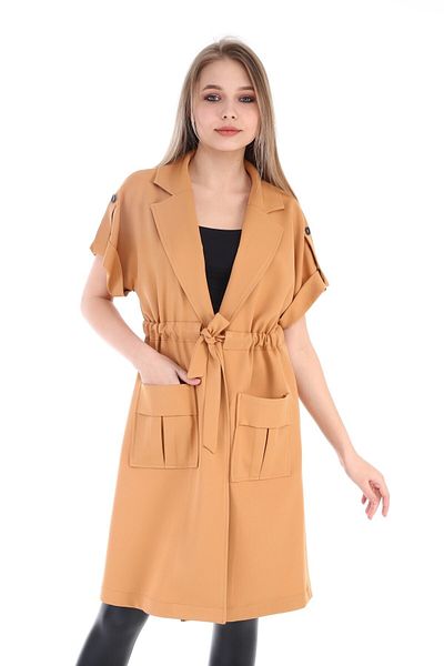 DISENTIS MODEST Mono Collar Waist Tunnel Pocket Epaulet Short Sleeve Unlined Beige Vest