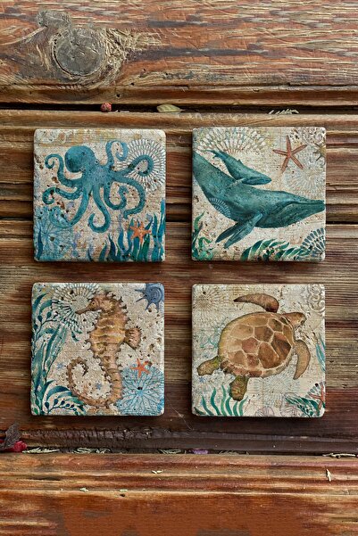 Oscar Stone Decor Taş Bardak Altlığı Stone Coasters - Deniz Atı Ahtapot Seti