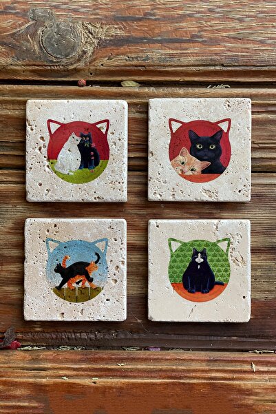 Oscar Stone Decor Taş Bardak Altlığı Stone Coasters - Kedi Seti / Kediler