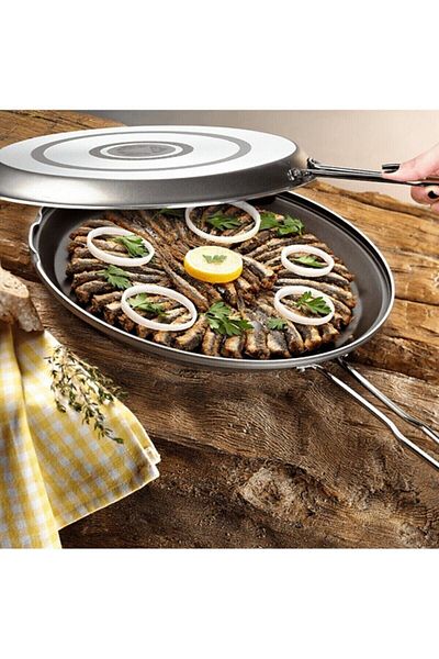 Cem Bialettı Twin Fish Pan / Double Sided Fish Pie Pancake Pan / 32 Cm / Steel Handle / Granite