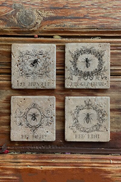 Oscar Stone Decor Taş Bardak Altlığı Stone Coasters Bee Set  Arı Set