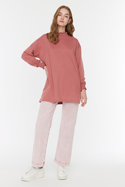 Trendyol Modest Detailní pletená tunika se sušeným růžovým límcem a manžetami TCTSS22TN0073