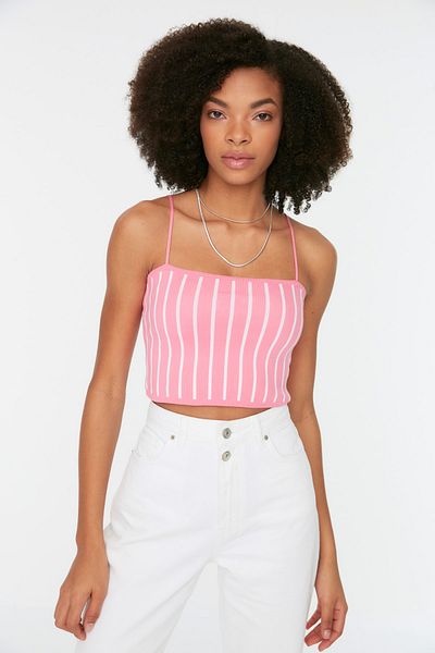 Trendyol Collection Ροζ Super Crop Color Block Πλεκτά Λεπτή Μπλούζα TWOSS22BZ1542
