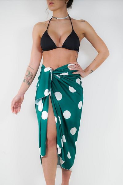 pistore Petrol Green Satin White Polka Dot Long Pareo Pareo Γυναικείο φόρεμα παραλίας Νέα σεζόν
