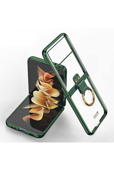 HTstore حافظة Galaxy Z Flip 3 مع غطاء بمشبك حلقي - أخضر داكن