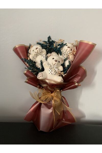 brand no:10 Özel Tasarım Vıp Kurutulmuş Çicekli 3’lü Krem Ayıcık Buketi 09