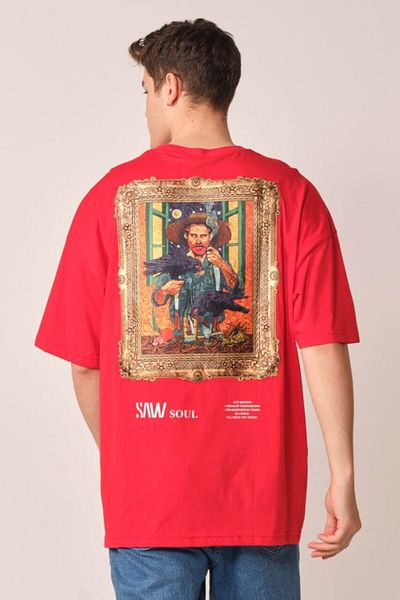 Saw Urbanity Red Vincent Van Gogh Embroidered Printed Oversize T-shirt