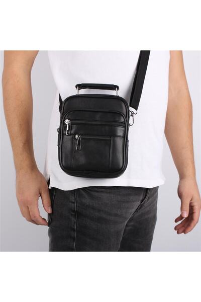 Bagacar Men's Hand and Shoulder Strap Bag with Compartment Leather Case Black