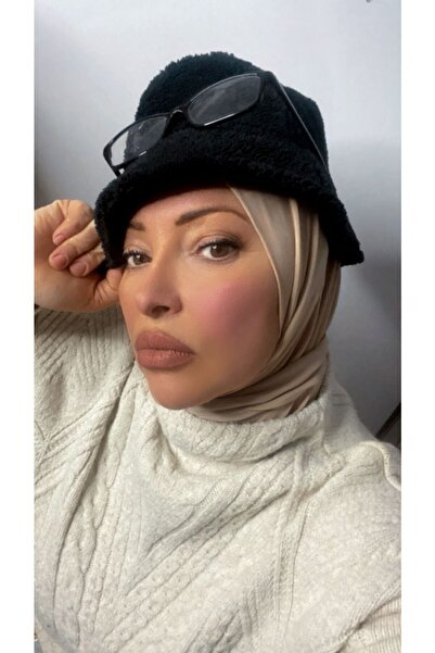 Nilbutik Women's Hijab Beige Snap-Fast Neck Collar Hijab Bonnet Model Scarf Shawl