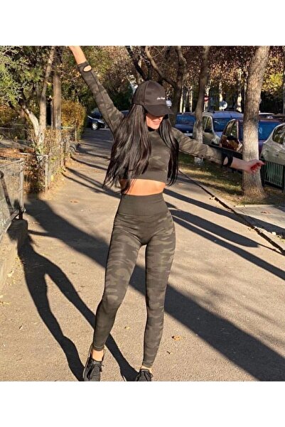 MAGZA Kadın Kamuflaj Toparlayıcı Parmak Geçmeli Crop Bluz