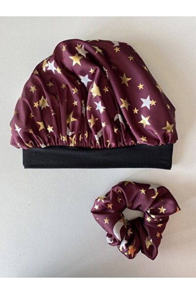 pistore Set de bonete și agrafe din satin cu model de stele bordeaux pentru păr creț