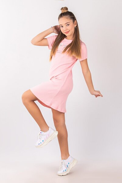 DMB BOYS & GIRLS Kız Çocuk 8-14 Yaş Çiçek Detaylı Kısa Kol Kaşkorse Yazlık Elbise