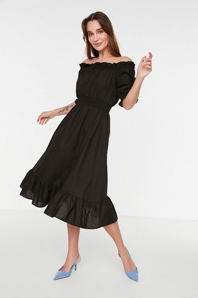 Trendyol Collection Μαύρο φόρεμα Skater / Midi υφαντό φόρεμα με κούμπωμα στη μέση - TWOSS21EL1967