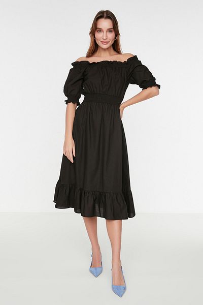 Trendyol Collection Μαύρο φόρεμα Skater / Midi υφαντό φόρεμα με κούμπωμα στη μέση - TWOSS21EL1967