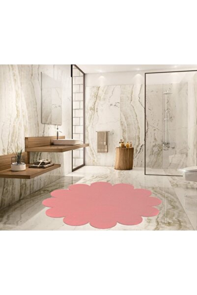 SERİA HALI Pembe Papatya Şekilli Peluş Post Halı Yıkanabilir Kaymaz Taban Pufy Halı