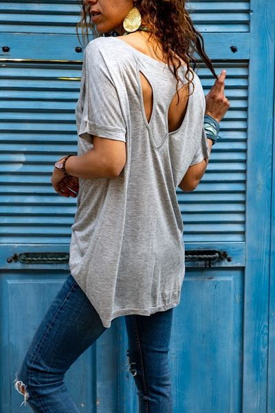 AQE FASHION Γυναικεία μπλούζα με κοντό μανίκι σε γκρι λαιμόκοψη