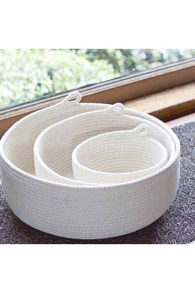 HandmadeSNM 3-Piece Decorative Handmade Basket Set - White and Natural Cotton Basket