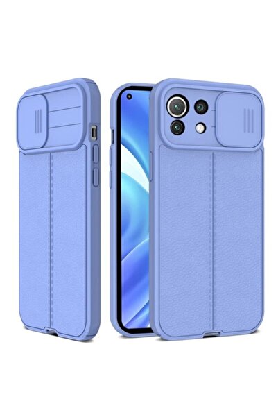 Fibaks Xiaomi Mi 11 Lite Uyumlu Kılıf Sürgülü Slide Kamera Korumalı Deri Görünümlü Lüks Silikon
