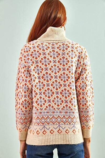 Bianco Lucci Women's Turtleneck Patterned Knitwear Sweater