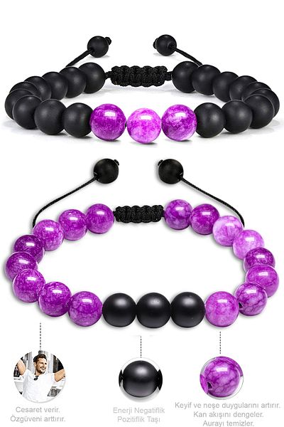 Tesbih Atölyesi Certified Natural Mexican Amethyst Onyx Stone Natural Stone Bracelet Set