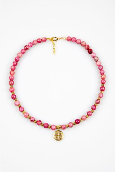 Lila Rosa Doğal Taşlı Etnik Otantik Kolye