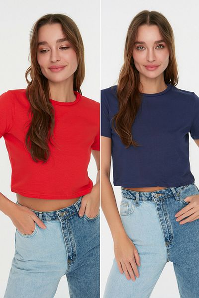 Trendyol Collection Granatowo-czerwony 2-pak, krótki, dzianinowy T-shirt z okrągłym dekoltem, 100% bawełny TWOSS20TS1480