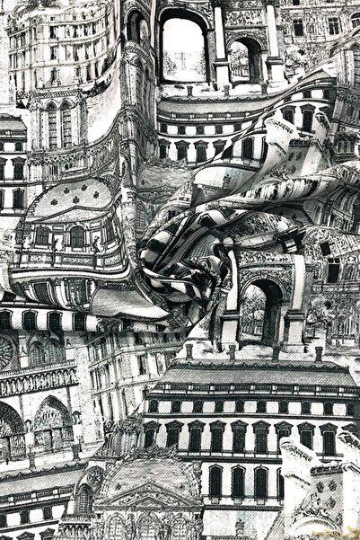 SUZANİ Siyah Beyaz Mimari Desenli Dijital Baskılı Kumaş Kms-1363