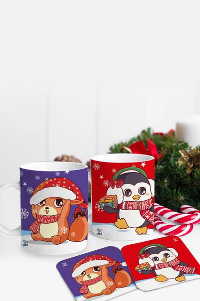 Flipped Yılbaşı Sweety Animals Bardak Altlıklı Ikili Kupa Seti