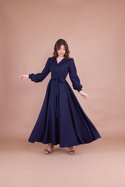 Bidoluelbise Rochie de damă, albastru bleumarin, cu guler dublu, cu centură, lungime maxi