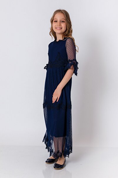 incity Kız Çocuk Dantel Detaylı Lacivert Elbise