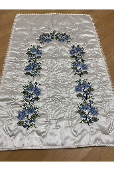 AYHANHOME Cream*blue Dowry Canvas Embroidered Satin Prayer Rug