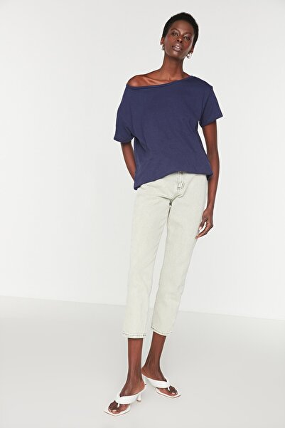 Trendyol Collection Sötétkék 100% pamut Oversize/széles szabású, csónaknyakú kötött póló TWOSS20TS0140