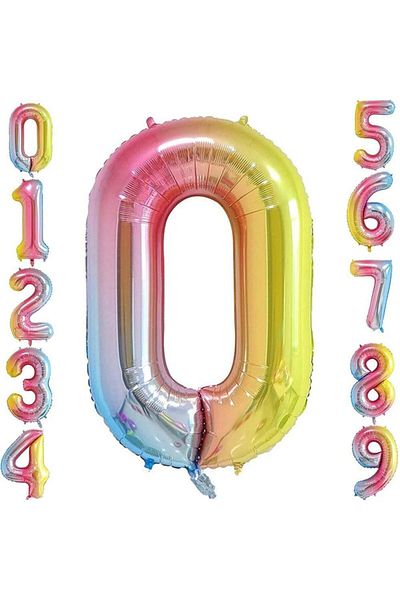 Patladı Gitti 0 Zero Number Rainbow Foil Balloon 34" Inc 76 Cm