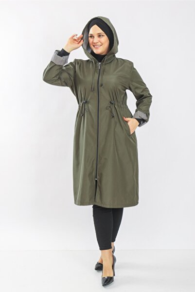 Aşkı Endam Women's Plus Size Double Sleeve Stripe Patterned Bondit Hooded Trench