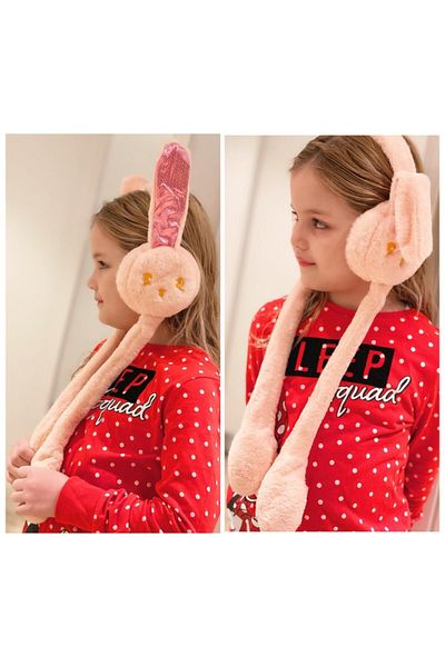QUEEN AKSESUAR Moving Ears Shield Plush Rabbit Earmuff Scarf Glittered Ear Puppy Powder