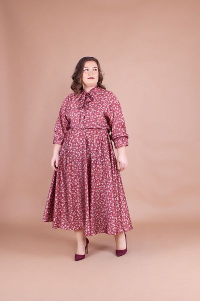 Bidoluelbise Women's Burgundy Floral Patterned Satin Bat Sleeve Midi Dress