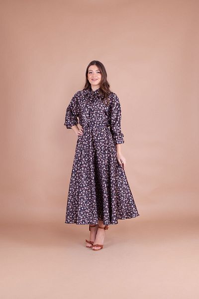 Bidoluelbise Women's Black Floral Patterned Satin Bat Sleeve Midi Dress
