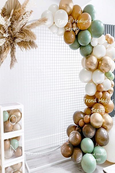 Trend Hediye Sepeti 100 Pack Safari Themed Birthday Balloon Chain, Chocolate Caramel Sea Sand Mold Green Chrome Gold