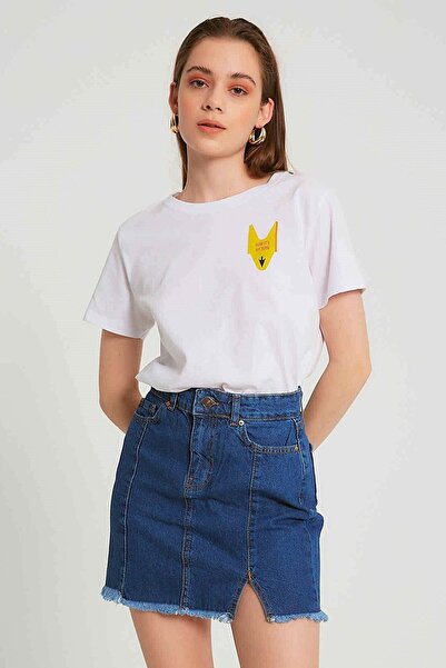 fehika Жіноча темно-синя джинсова міні-спідниця з розрізом, бахромою та кишенями