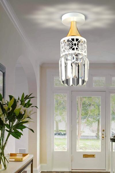 Genel Markalar Dilan Plafonyer Tekli Beyaz Sarı Aşağı Bakan Kristal Taşlı Avize