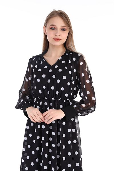DISENTIS MODEST Rochie cu manșetă cu guler de cămașă cu buline din șifon negru