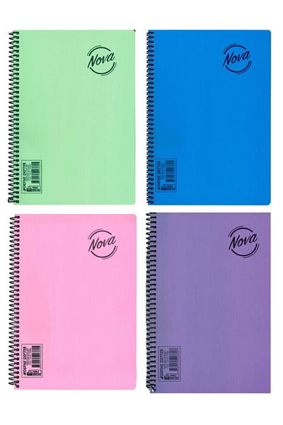 Defne 72 Sheets Checkered Notebook Medium Size Spiral Plastic Cover 4 Pieces
