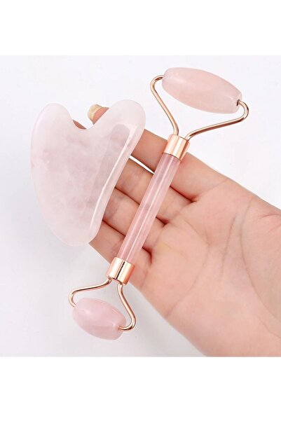 Duffa Doğal Pembe Kuvars Jade Roller Gua Sha Yüz Masaj Taşı Gençleştirici Yüz Bakım Seti 2li Set