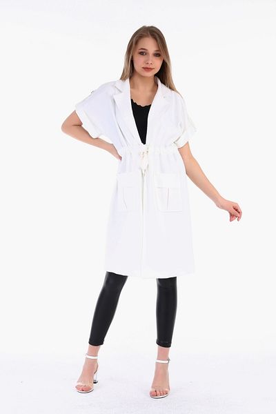 DISENTIS MODEST Mono Collar Waist Tunnel Pocket Epaulet Short Sleeve Unlined White Vest