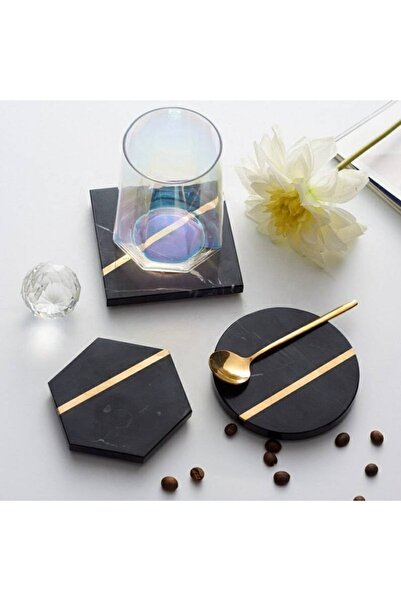 Sümeyra Marble Art قواعد أكواب رخامية سوداء مزخرفة بتفاصيل ذهبية 3 قطع