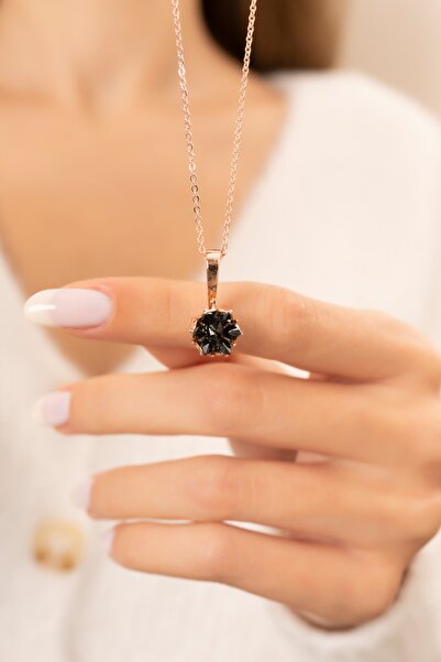 Eva Jewelry Lotus Çiçeği Siyah Taşlı 925 Ayar Gümüş Zincirli Kadın Kolye