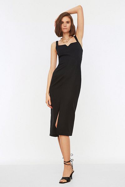 Trendyol Collection Schwarzes Midi-Bleistiftrockkleid mit Schlitzdetail – Riemchen, gewebt, TWOSS19BB0216